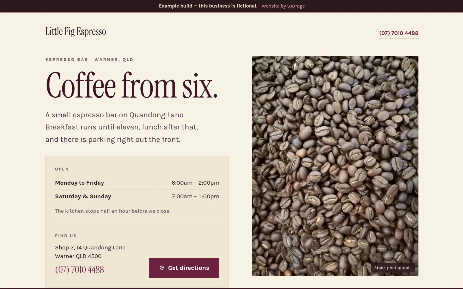 The Little Fig Espresso home page: “Coffee from six.” in dark plum on cream, a close photograph of roasted beans beside it, and a box underneath with the week’s hours, the Quandong Lane address and a directions button.
