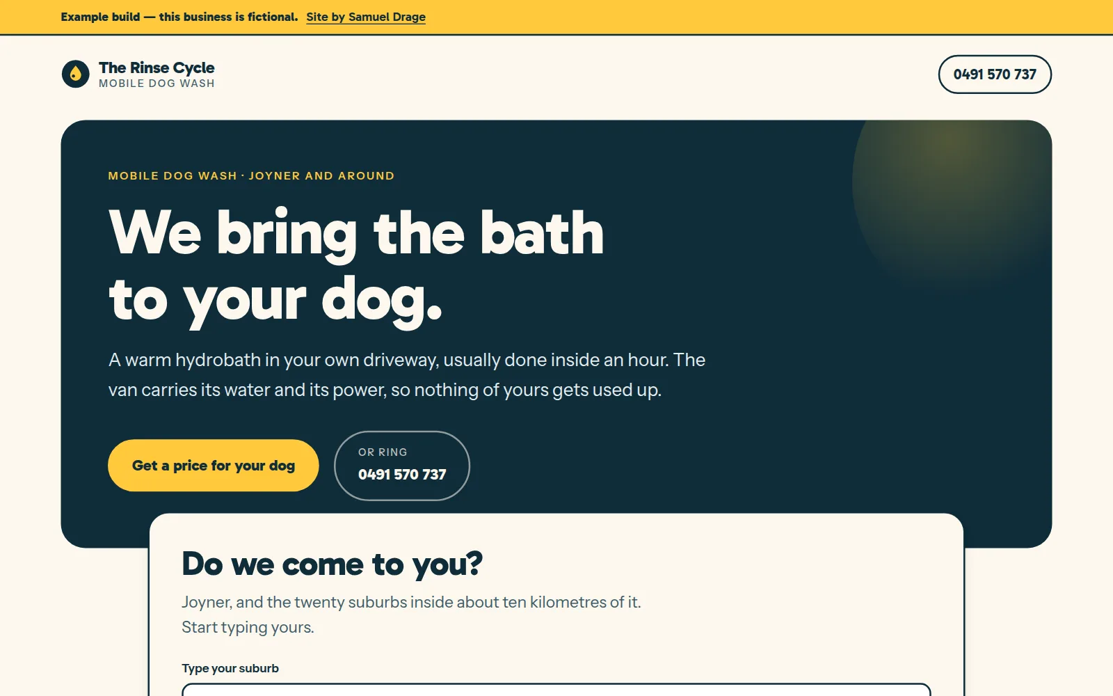 The Rinse Cycle home page: a deep navy panel on cream with the headline “We bring the bath to your dog.”, a yellow button, and a suburb-checker card sliding up over the panel.